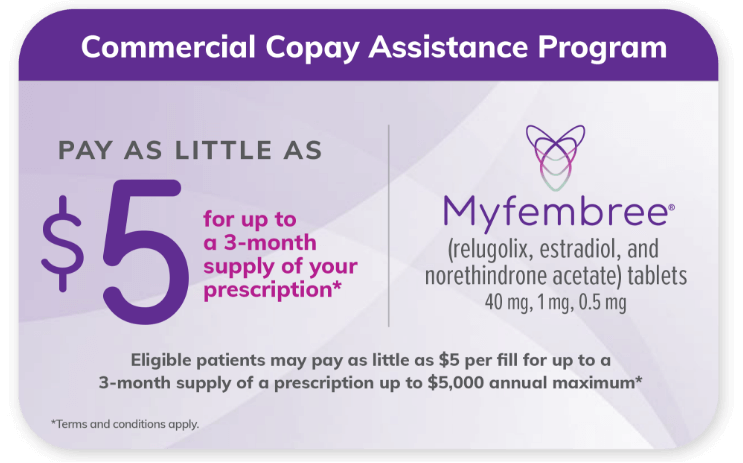 Representation of the MYFEMBREE (relugolix, estradiol, and norethindrone acetate) copay card